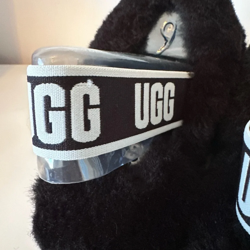 UGG Black Fluffy Slippers with Logo Strap - Picture 6 of 6